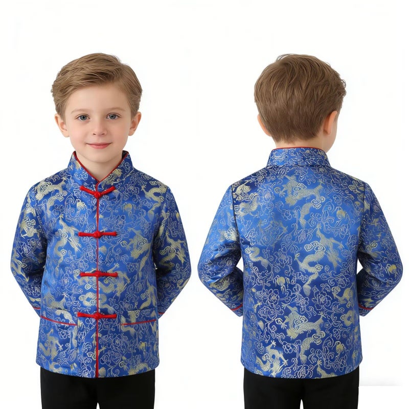 SZCQ Little Boys Dragon Tang Coat Long Sleeve Chinese Clothing Children Costumes Boy Jackets Outfit Tops (Blue, 10) - Image 1